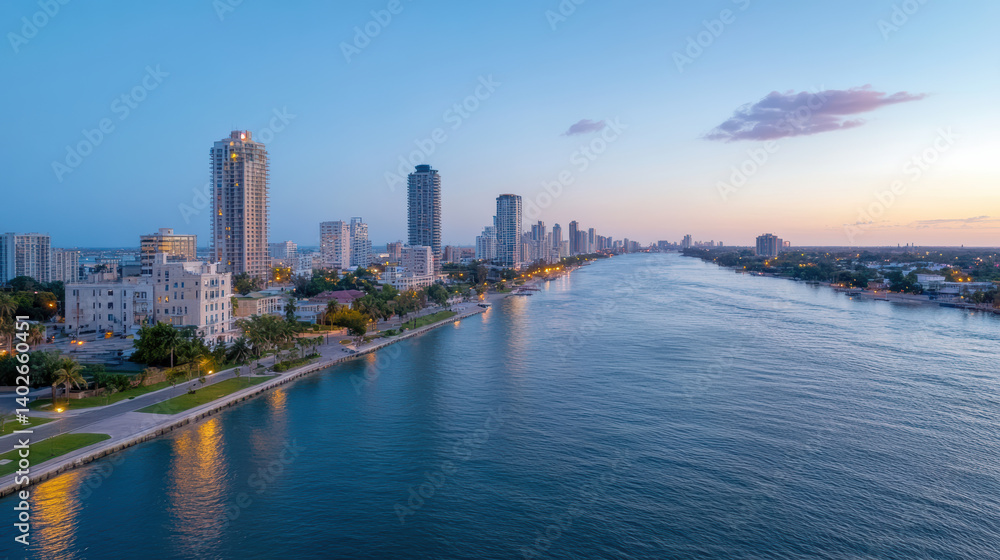 Fototapeta premium stunning skyline view featuring modern buildings along serene river dusk, showcasing vibrant