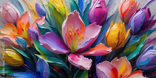 Impasto floral illustration. Abstract spring flowers in vibrant colourful burst from a textured canvas. Expressive oil and acrylic strokes create dynamic energy and tactile, swirling patterns.