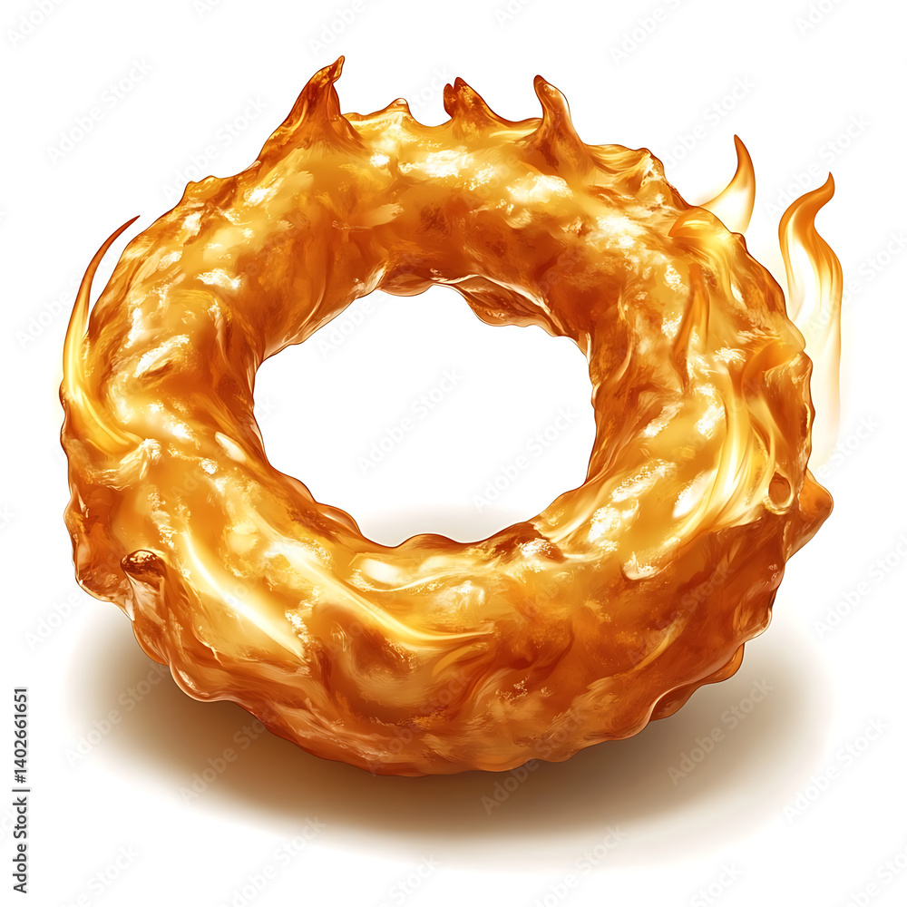 Fototapeta premium A golden crispy onion ring with a light batter coating, thick sweet onion interior, and slightly curled shape