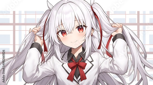 Girl Adjusting Hair, Anime Style