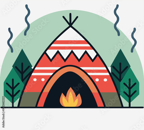 Cute Tribal Tent Illustration With Trees And Campfire Graphic Design