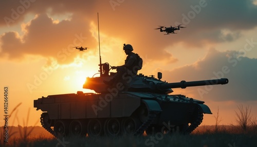 A striking silhouette of a soldier atop a tank is set against a breathtaking sunset, with drones soaring in the sky. This powerful image captures the essence of modern warfare, blending traditional