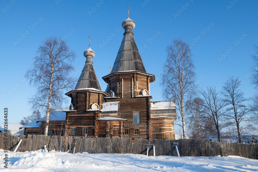 View of the ancient Cathedral of the Assumption of the Blessed Virgin Mary on a sunny March day. Kem, Karelia. Russia