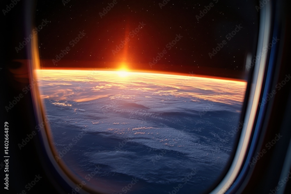 Fototapeta premium Sunrise over the Earth viewed from a spacecraft window during a space mission