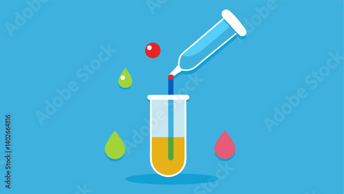 Pipette and Liquid Drops An illustration of a pipette dropping colorful liquid droplets into a small beaker symbolizing rich nutrients and vitamins.