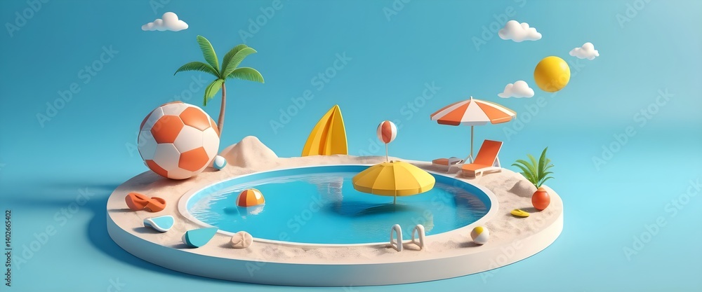Naklejka premium Summer Vacation Paradise 3D Render of Tropical Beach Scene