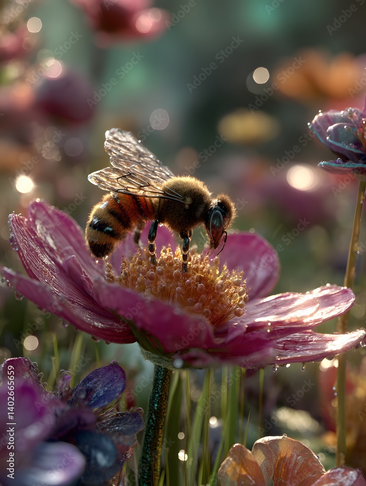 3D Bee on a Giant Flower in Hyperrealistic Nature Scene