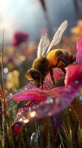 3D Bee on a Giant Flower in Hyperrealistic Nature Scene