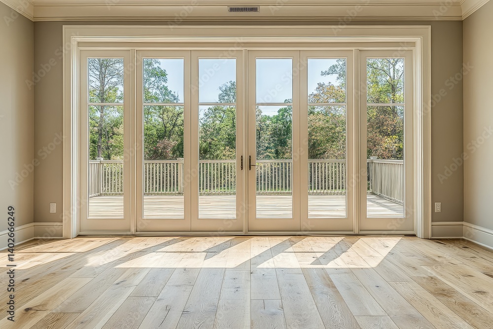 Fototapeta premium Beautiful white oak flooring in an empty room with light gray walls, large glass door, and a view of the patio.