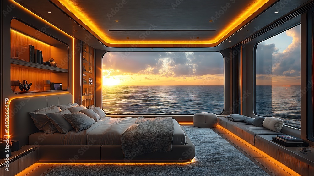Fototapeta premium Seascape Serenity: Minimalist Villa with Floor-to-Ceiling Windows