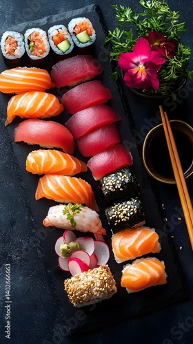 Authentic Japanese Sushi Platter with Fresh Sashimi and Soy Sauce