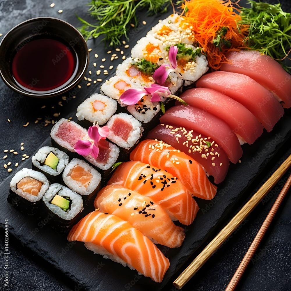 Authentic Japanese Sushi Platter with Fresh Sashimi and Soy Sauce