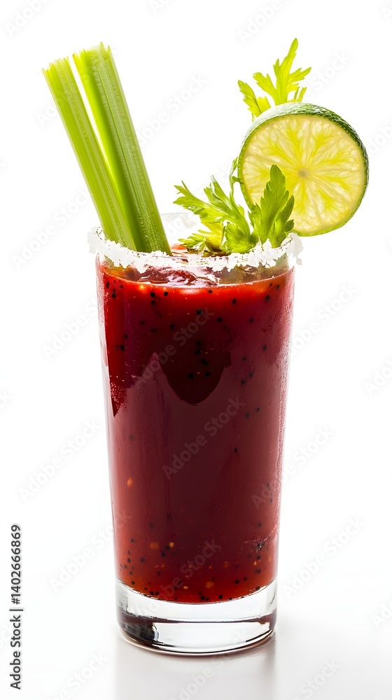 Bloody Mary in a Tall Glass with Celery and Lime on White Background