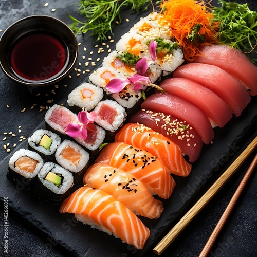 Obraz na płótnie Authentic Japanese Sushi Platter with Fresh Sashimi and Soy Sauce w salonie