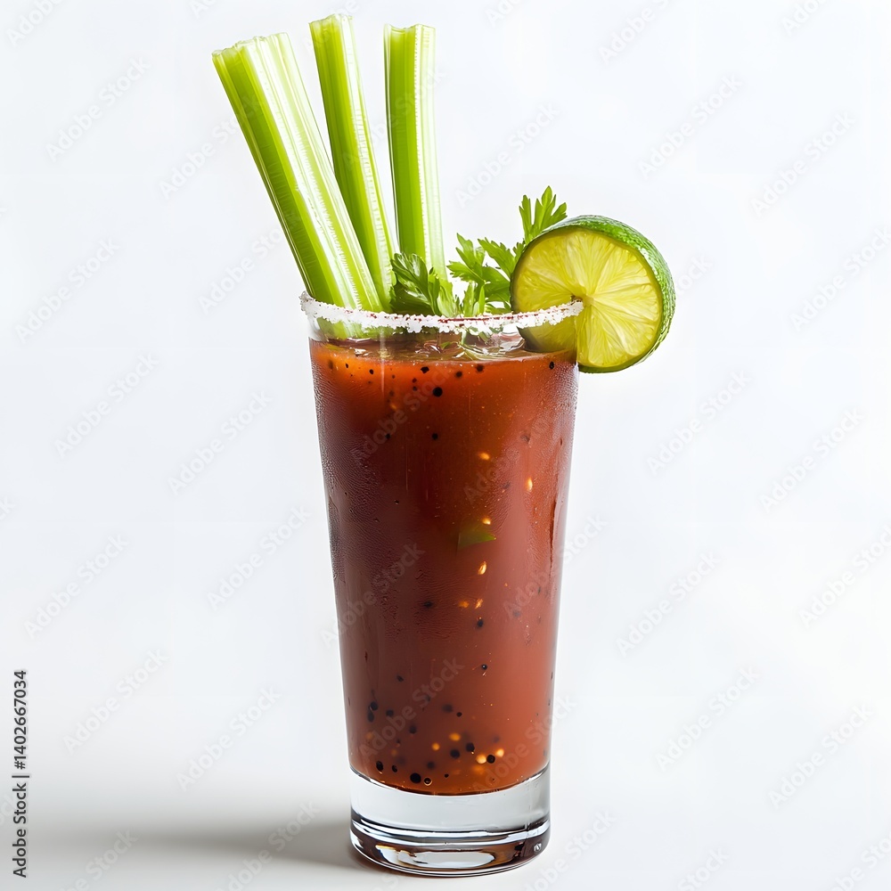 Bloody Mary in a Tall Glass with Celery and Lime on White Background