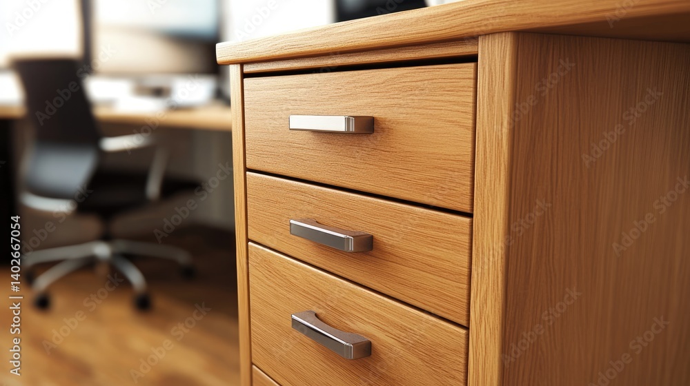 Clean-lined wooden filing cabinet with minimalist drawer handles in corner space