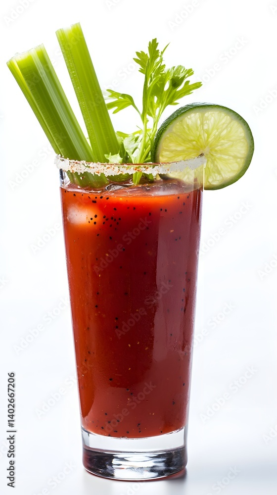 Bloody Mary in a Tall Glass with Celery and Lime on White Background