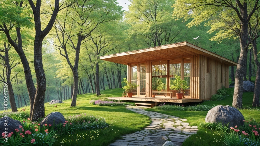 A picturesque wooden cabin with a stone pathway in a lush green forest setting. A picturesque wooden cabin with a stone pathway in a lush green forest setting.