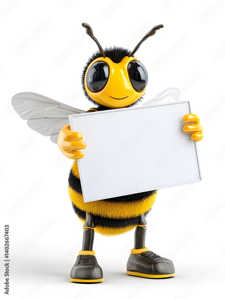 Business Bee Mascot 3D Character Holding a Sign