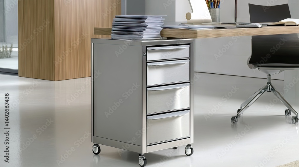 Compact filing cabinet on caster wheels placed beside a modern work desk