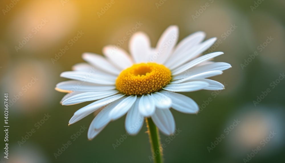 This stunning close-up captures a single daisy with pristine white petals and a vibrant yellow center, illuminated by warm sunlight. The soft bokeh of blurred daisies in the background enhances the This stunning close-up captures a single daisy with pristine white petals and a vibrant yellow center, illuminated by warm sunlight. The soft bokeh of blurred daisies in the background enhances the