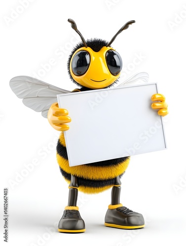 Business Bee Mascot 3D Character Holding a Sign