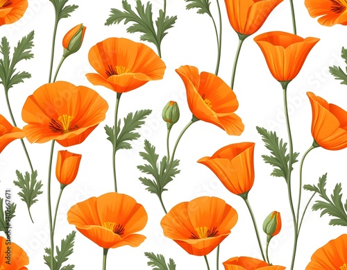 Seamless Pattern of Orange Poppies