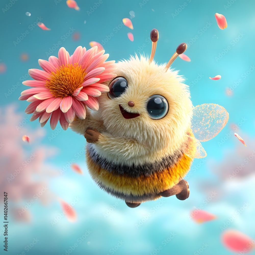 3D Cartoon Bee Flying with a Flower in Its Hands