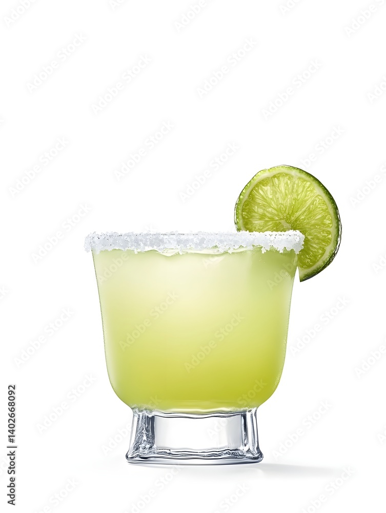 Classic Margarita Cocktail with Lime Wedge and Salt Rim on White Background