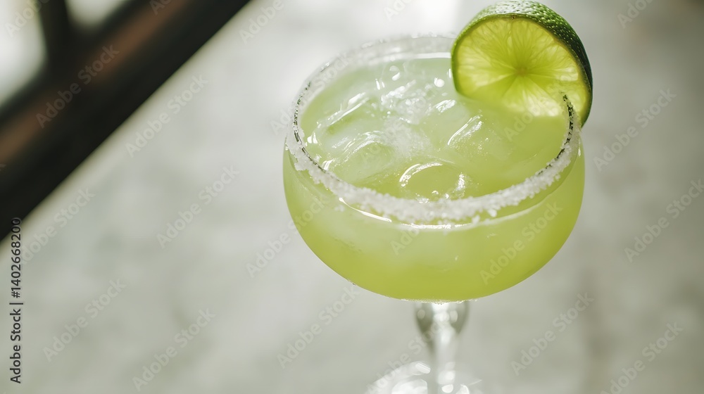Classic Margarita Cocktail with Lime Wedge and Salt Rim on White Background