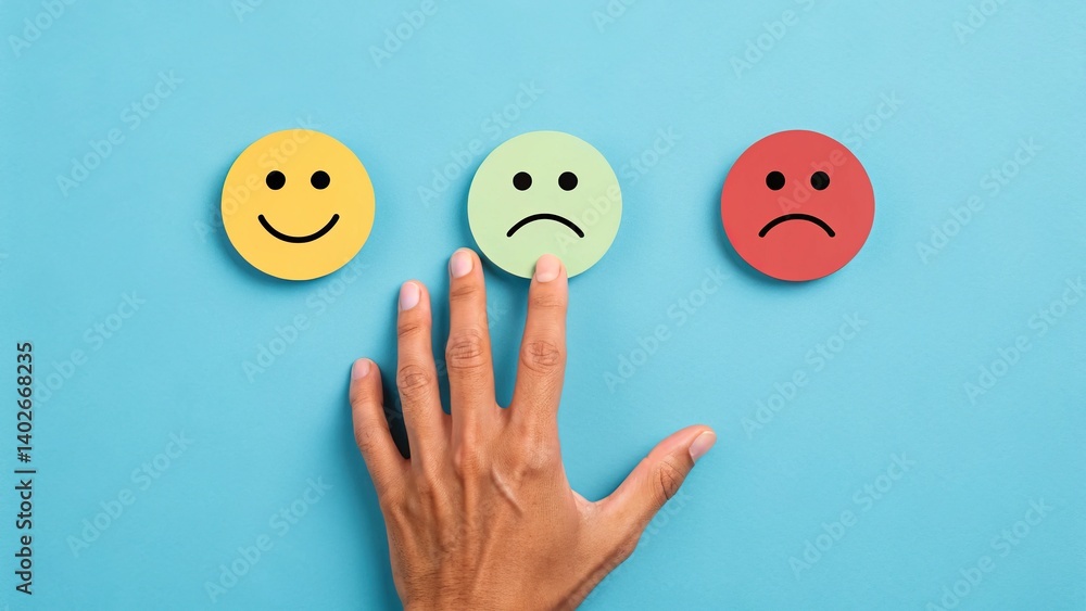 Mental health awareness, A hand hovers over three emoticon circles representing different emotions: happy, neutral, and sad, set against a blue background. Mental health awareness, A hand hovers over three emoticon circles representing different emotions: happy, neutral, and sad, set against a blue background.