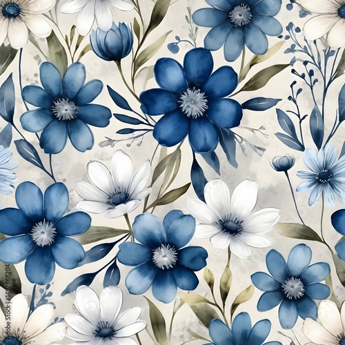 Wallpaper Mural Watercolor Floral Seamless Pattern Blue and White Flowers Torontodigital.ca