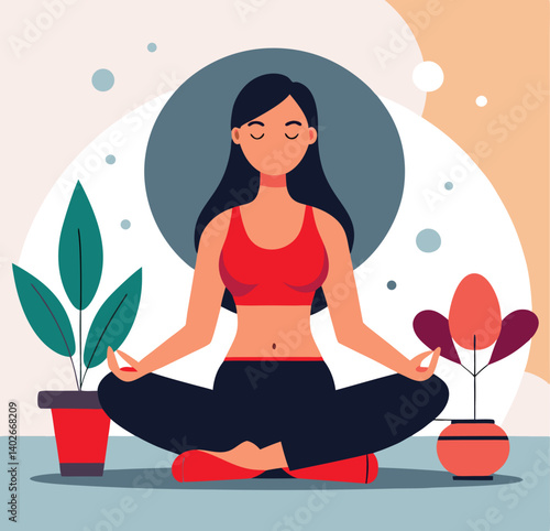Woman Meditating In Lotus Position Achieving Mindfulness With Plants In Background