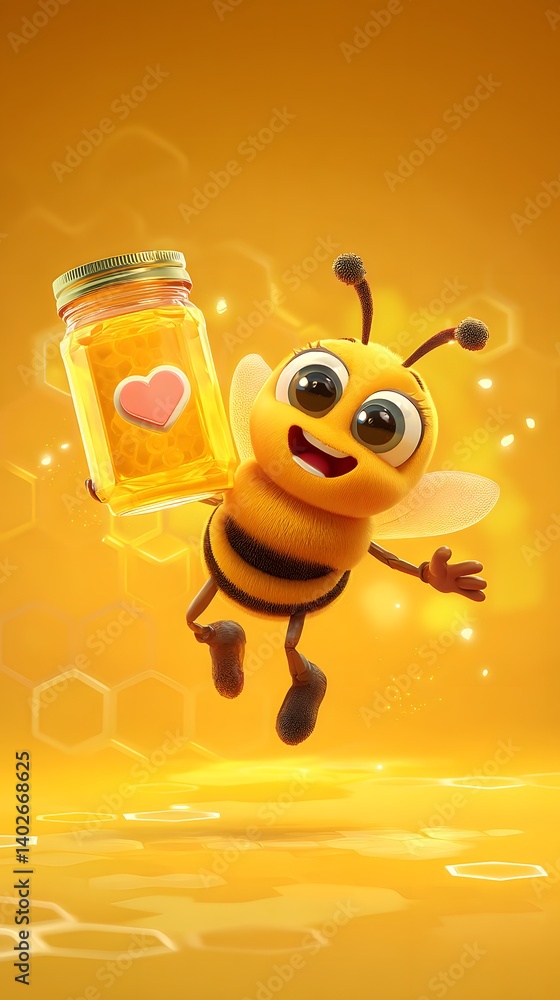 Excited 3D Cartoon Bee Holding a Honey Jar