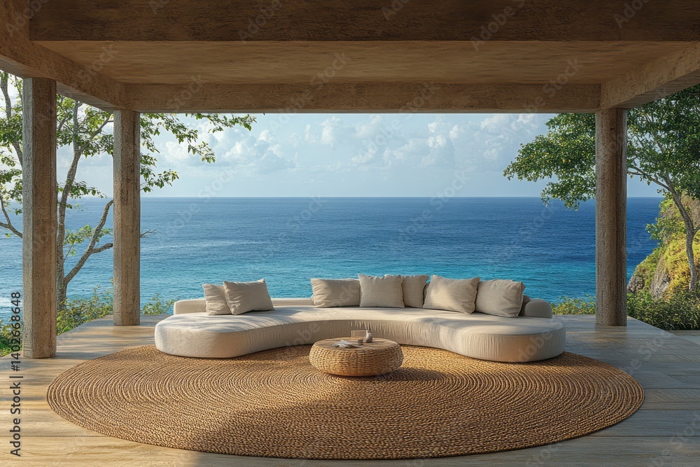 Obraz premium Luxurious outdoor living space overlooking a beautiful tropical ocean