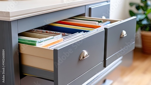 Filing drawers slightly opened, revealing tidy categorized folders inside