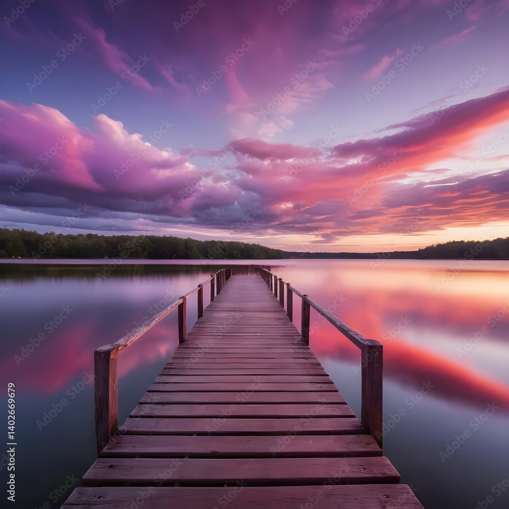 Obraz premium Serene Sunset over Calm Lake with Wooden Dock
