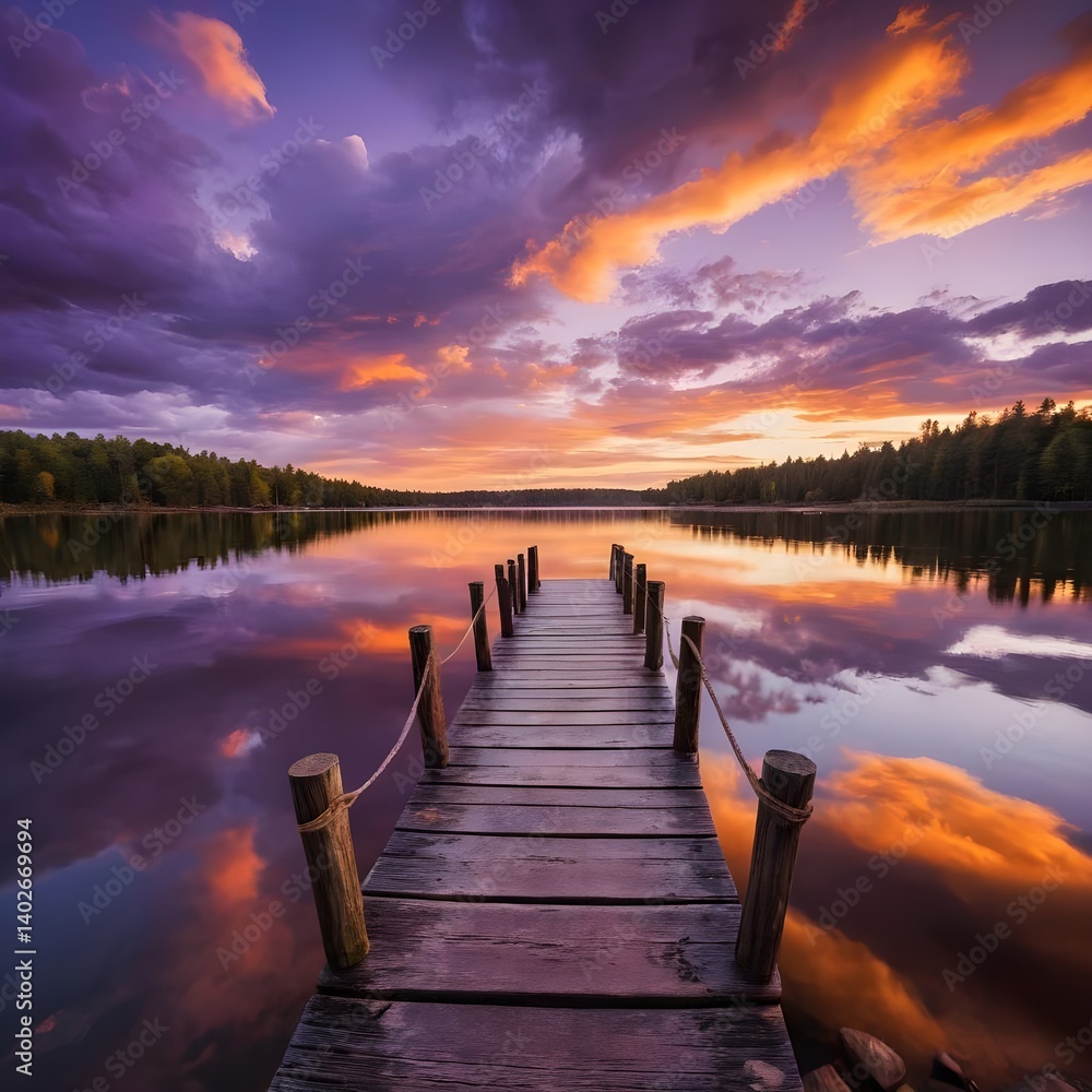 Naklejka premium Serene Sunset over Calm Lake with Wooden Dock