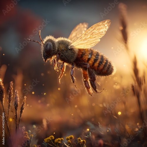 Heroic 3D Bee in Mid-Flight Over Sunset Field