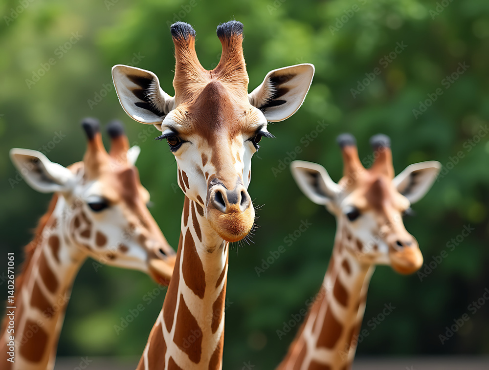 Obraz premium Three Curious Giraffes Interacting in a Vibrant, Green Zoo Habitat Filled with Tropical Plants and Natural Wildlife Surroundings
