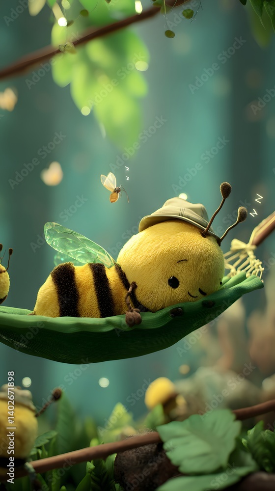 Sleepy 3D Cartoon Bee on a Leaf Hammock
