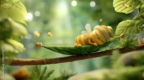 Sleepy 3D Cartoon Bee on a Leaf Hammock