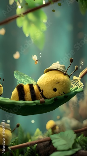 Obraz na płótnie Sleepy 3D Cartoon Bee on a Leaf Hammock w salonie