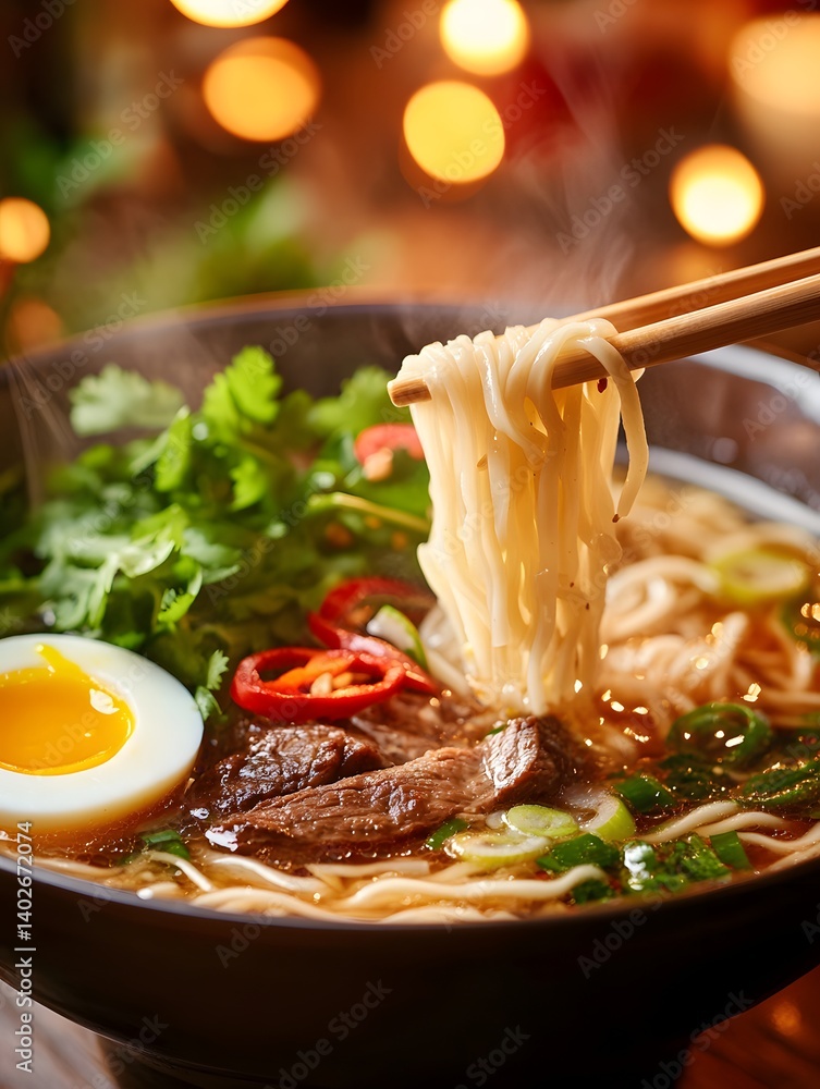 Street Food Delight: Authentic Asian Noodles with Chopsticks and Aromatic Steam