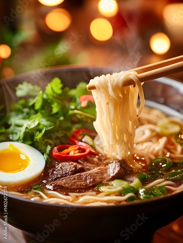 Obraz na płótnie Street Food Delight: Authentic Asian Noodles with Chopsticks and Aromatic Steam w salonie