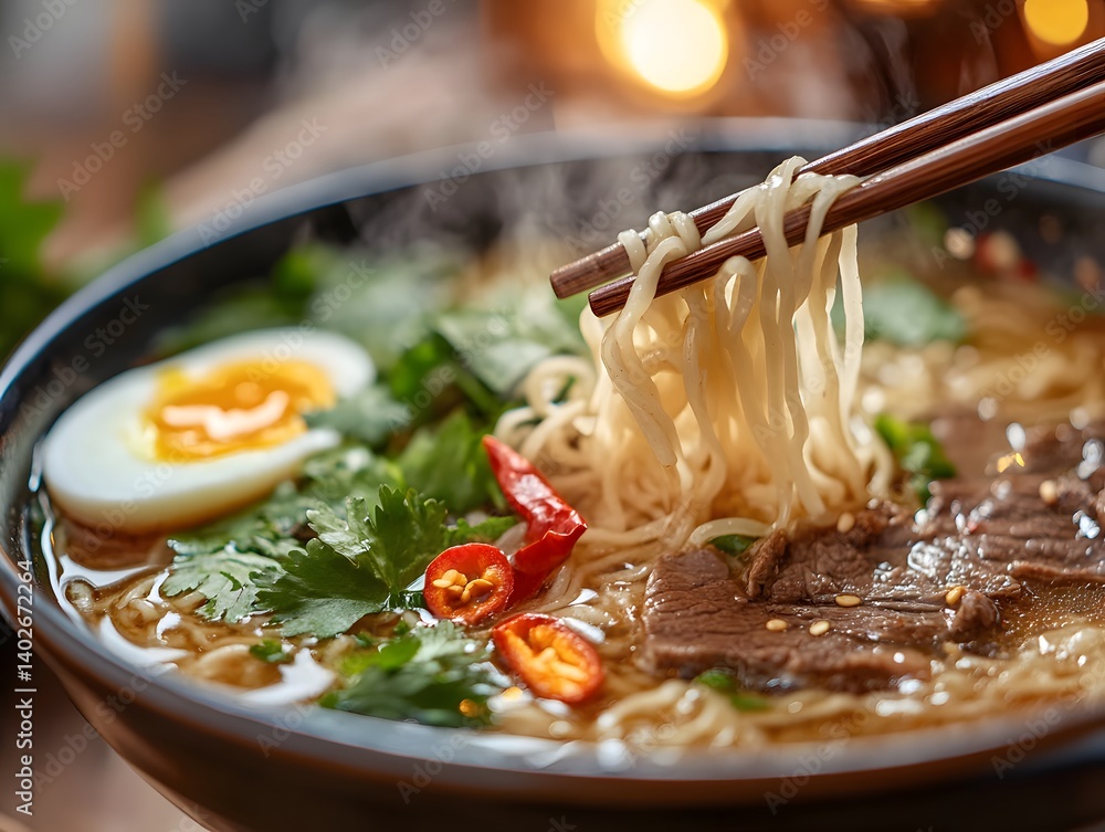 Street Food Delight: Authentic Asian Noodles with Chopsticks and Aromatic Steam