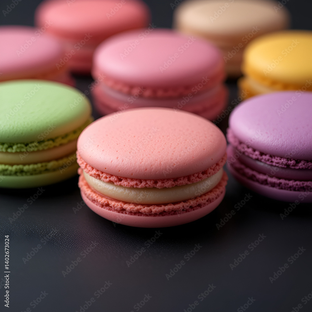 Colorful macarons arranged on dark background. Close-up view of pastel-colored cookies Colorful macarons arranged on dark background. Close-up view of pastel-colored cookies