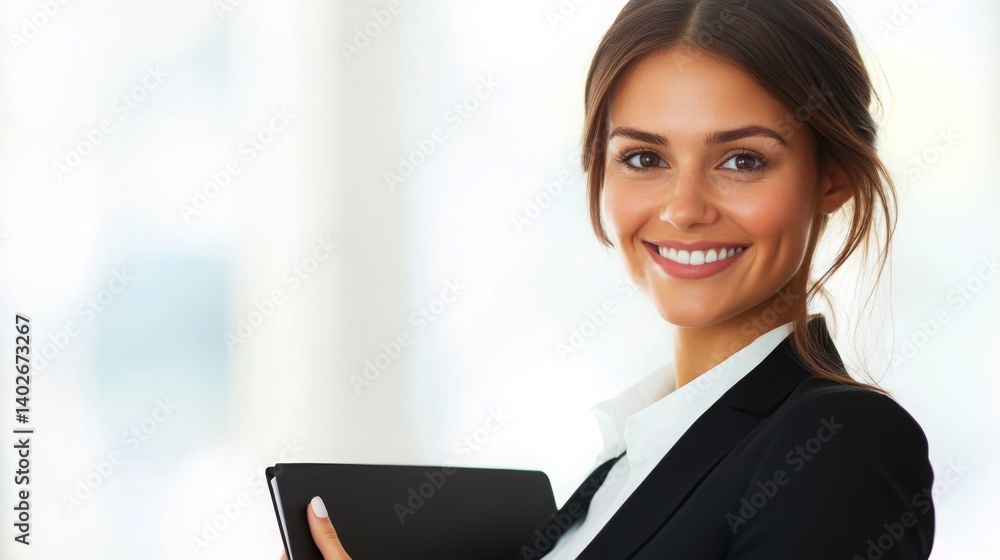 Smiling businesswoman in formal attire holding a clipboard in a bright office setting Smiling businesswoman in formal attire holding a clipboard in a bright office setting
