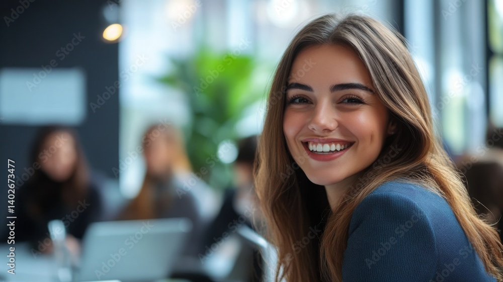 Fototapeta premium Smiling young woman enjoying a productive work environment with colleagues in an office setting during daytime