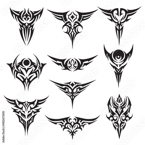 Maori inspired tribal tattoos showing fierce beast forms abstract geometry vintage wing decoration and silhouette design for alternative tattoo graphics

